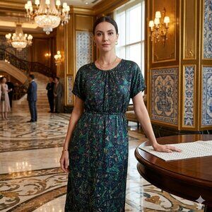 Haven Women M Satin Silky Dress Midi Geometric 2-Pocket Slit Flowy Preppy Relax